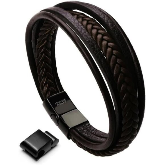 Mens Leather Bracelet Braided Cowhide Stainless Steel Magnetic Clasp Gift Box - Picture 1 of 7